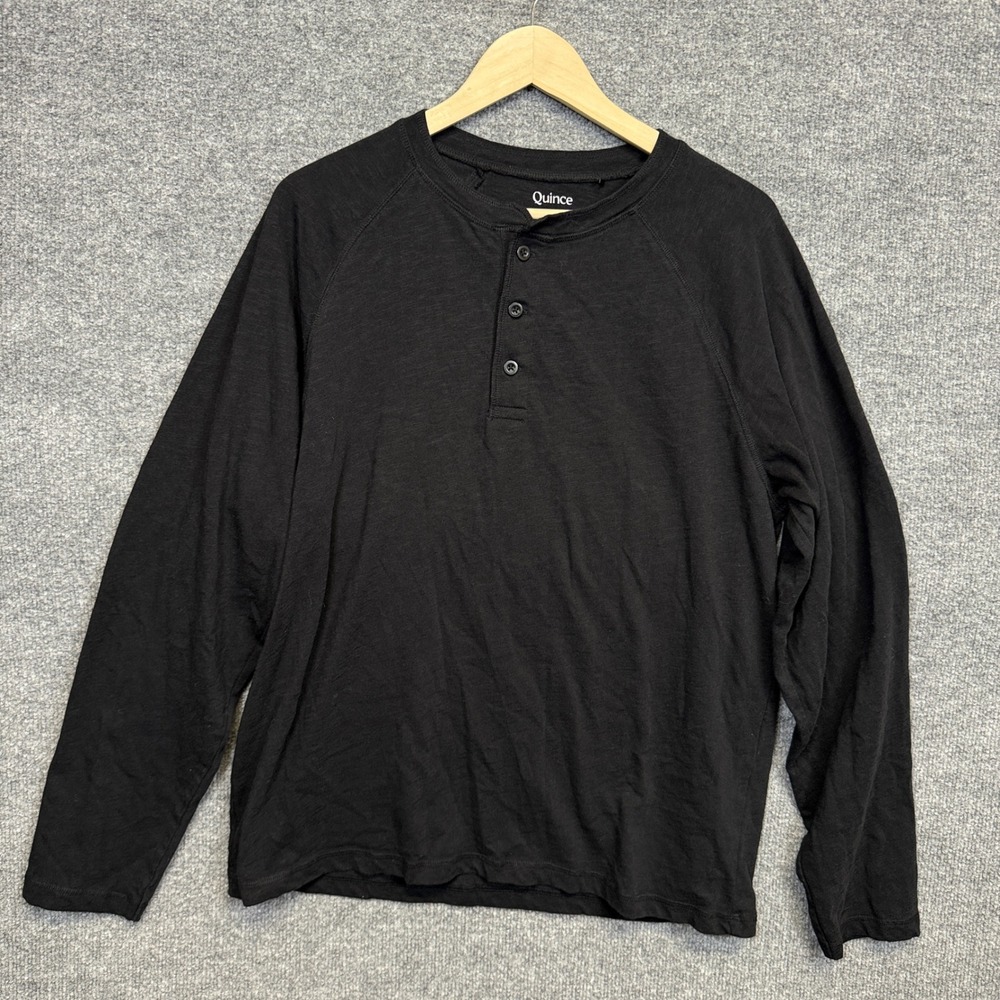 Quince Womens Size Large Henley Tee Black Organic Cotton Raglan Sleeves Preppy